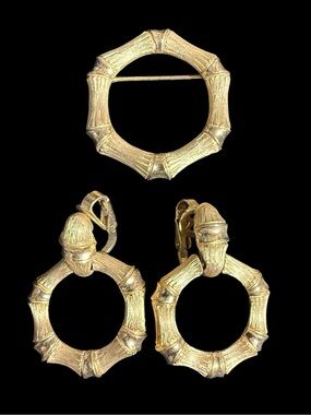 Avon gold tone  Bamboo-Style Hoop clip Earrings and Brooch